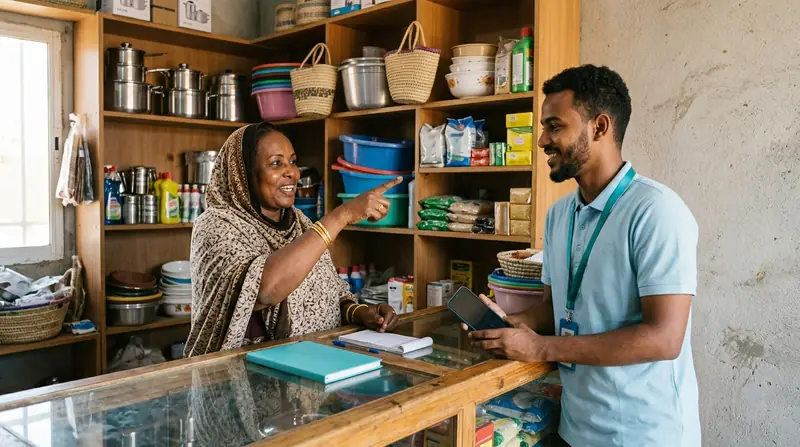 صاحبة متجر تناقش الطلبات مع ممثل راكب